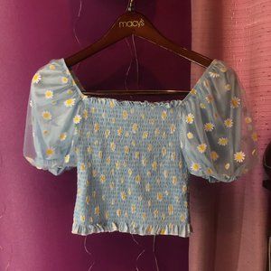sky blue floral top with puff sleeves